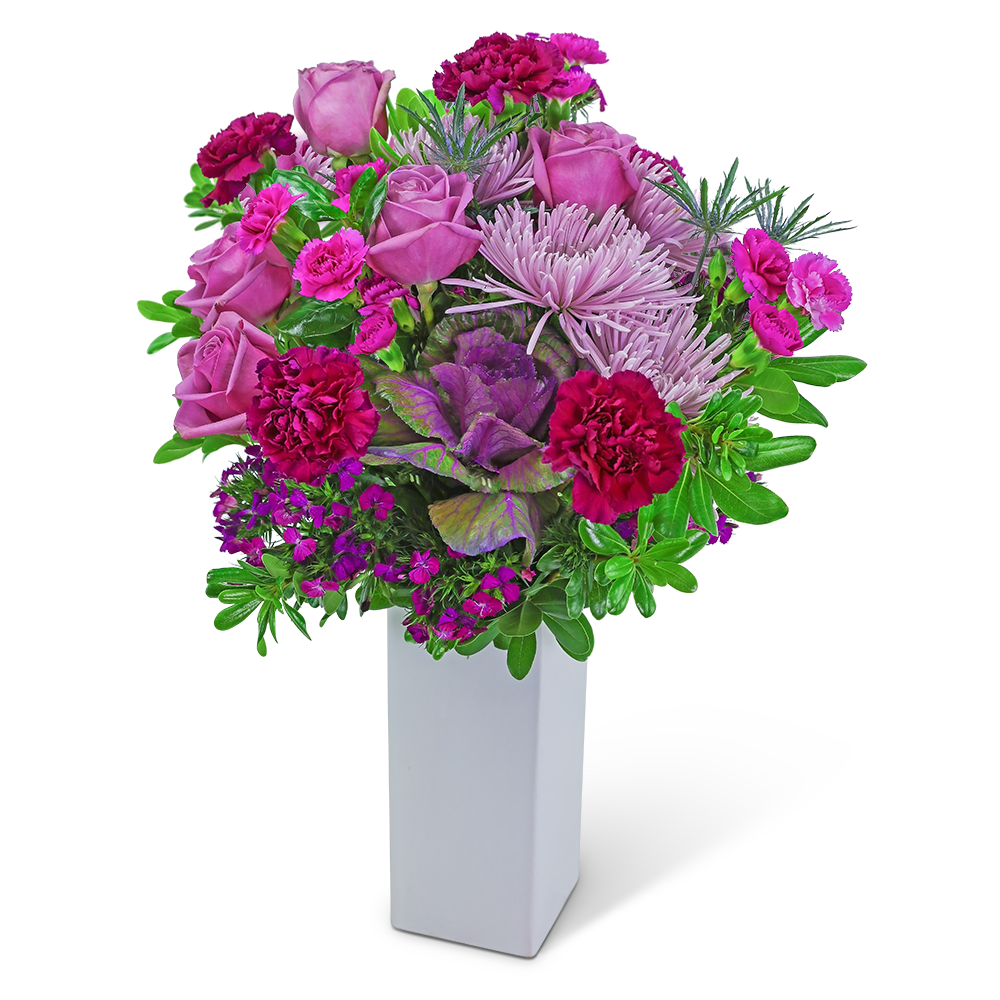 Pink roses and carnations in a white vase