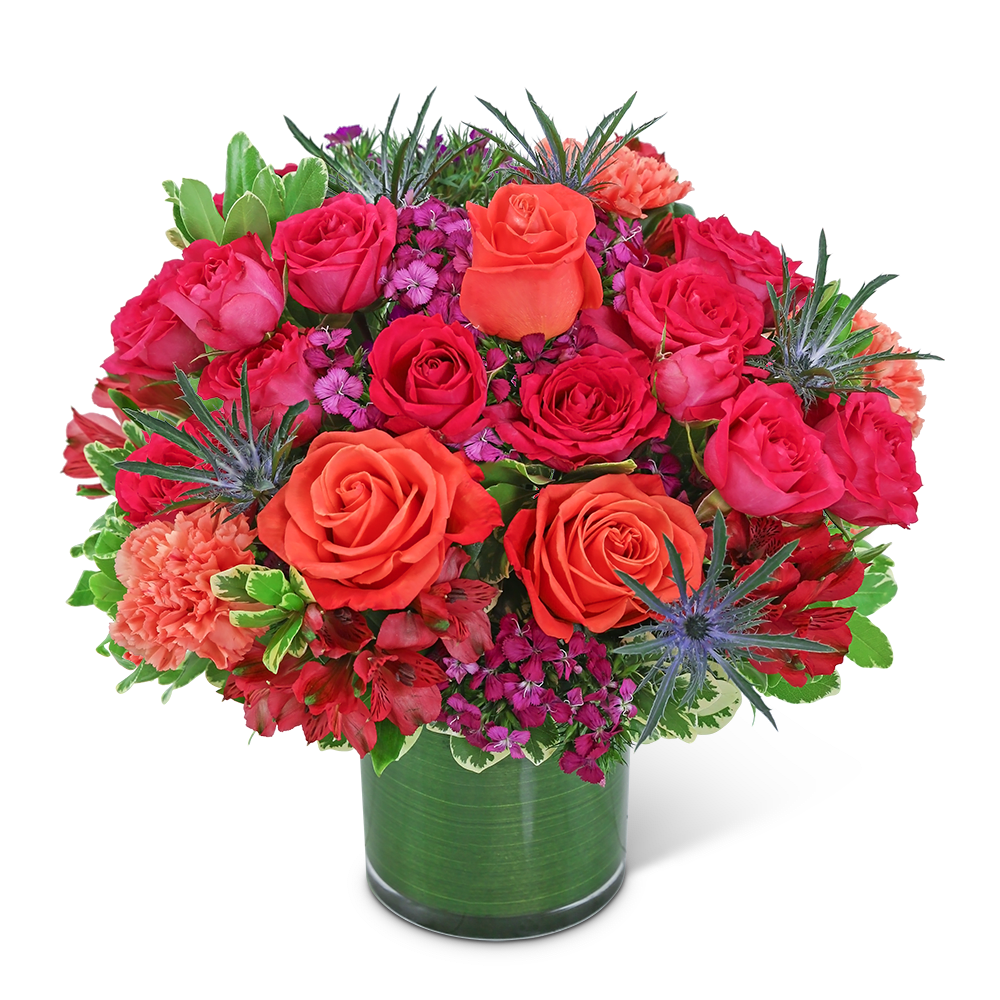 Bouquet of pink and orange roses in a glass vase