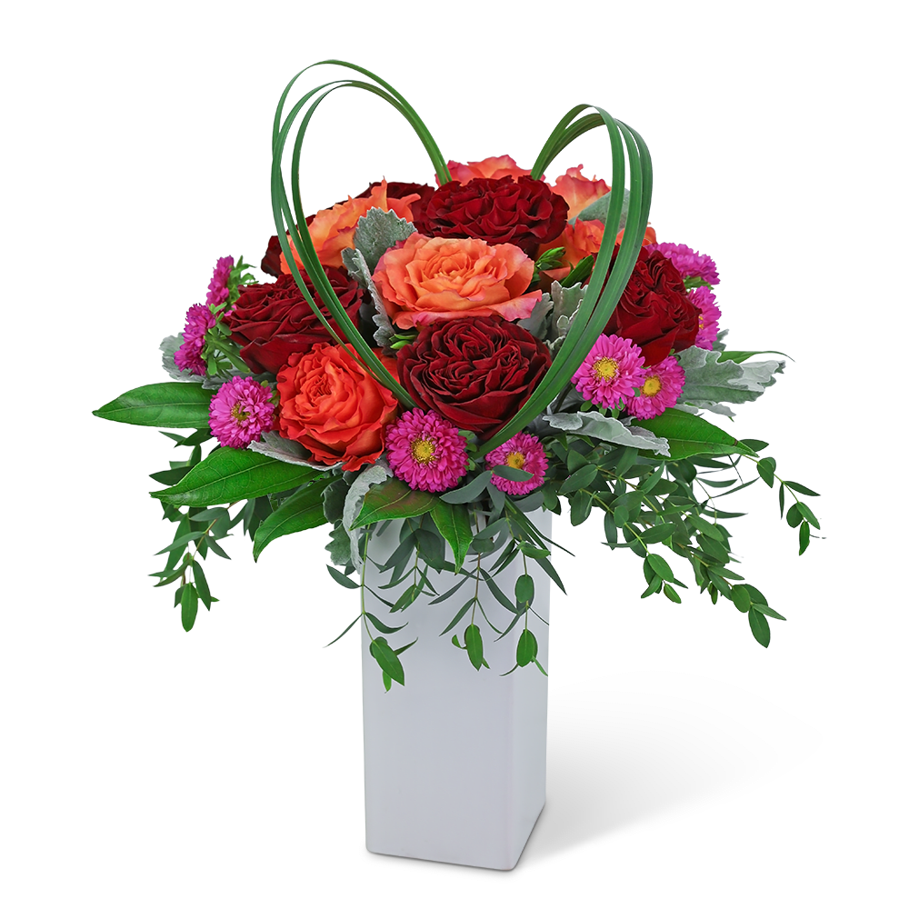 Bouquet of red and orange roses with pink daisies in a white vase