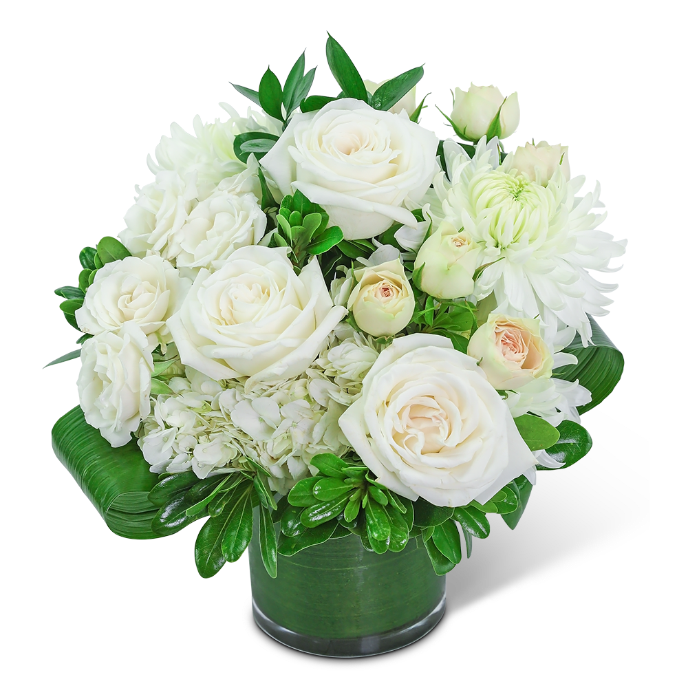 White roses and chrysanthemums arranged in a green vase