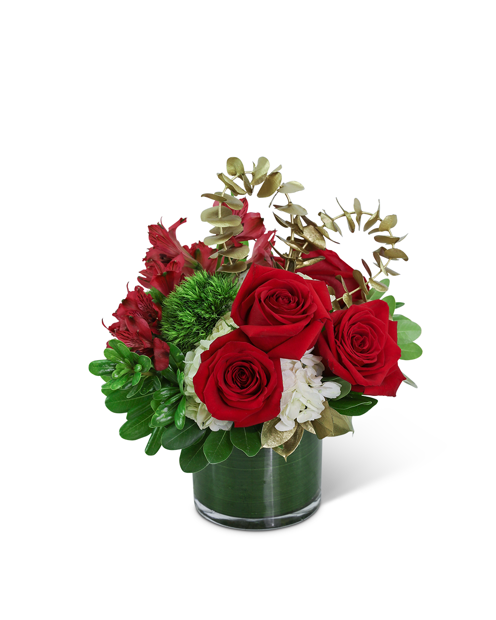 Red roses and white flowers in a glass vase with gold foliage