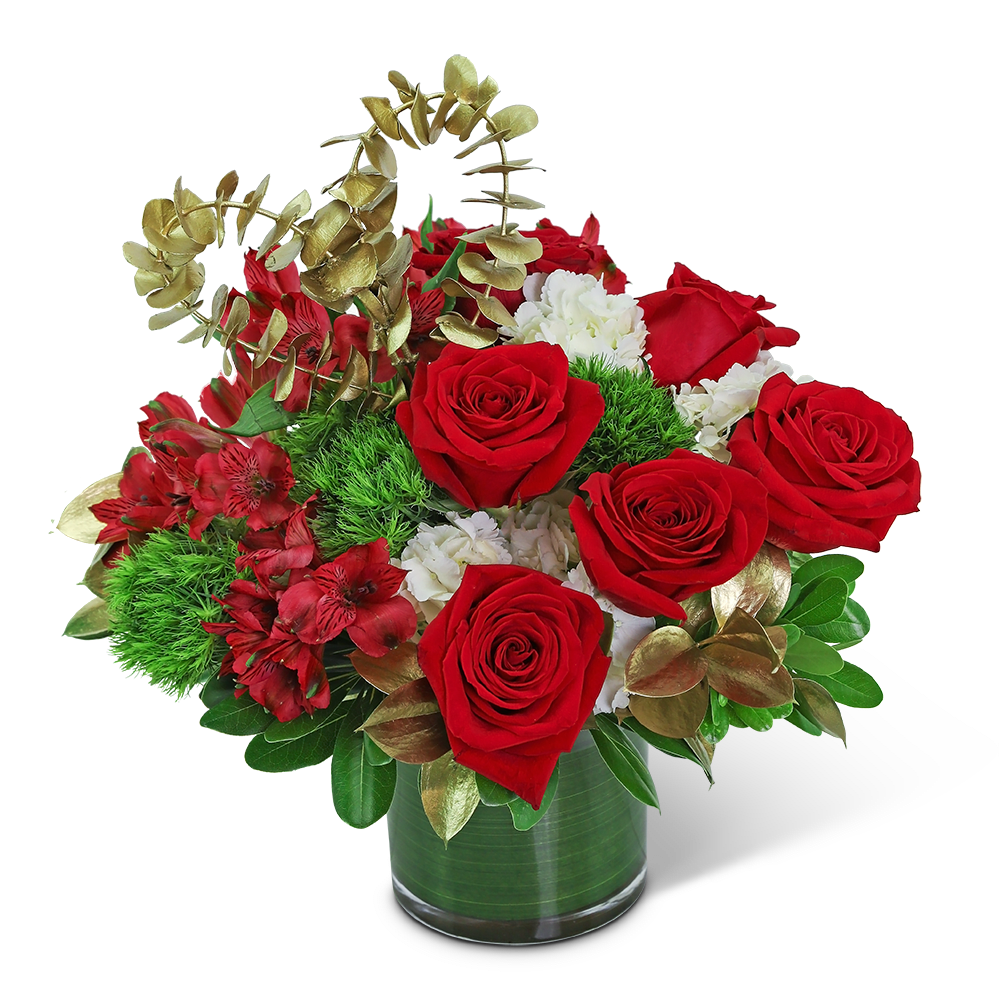 Red roses and white flowers in a glass vase with gold foliage