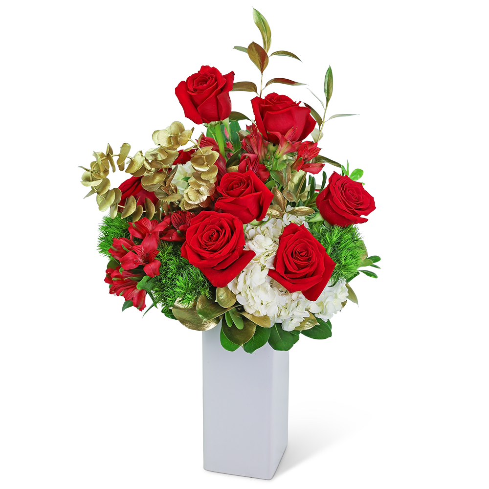 Red roses and white flowers arranged in a tall white vase