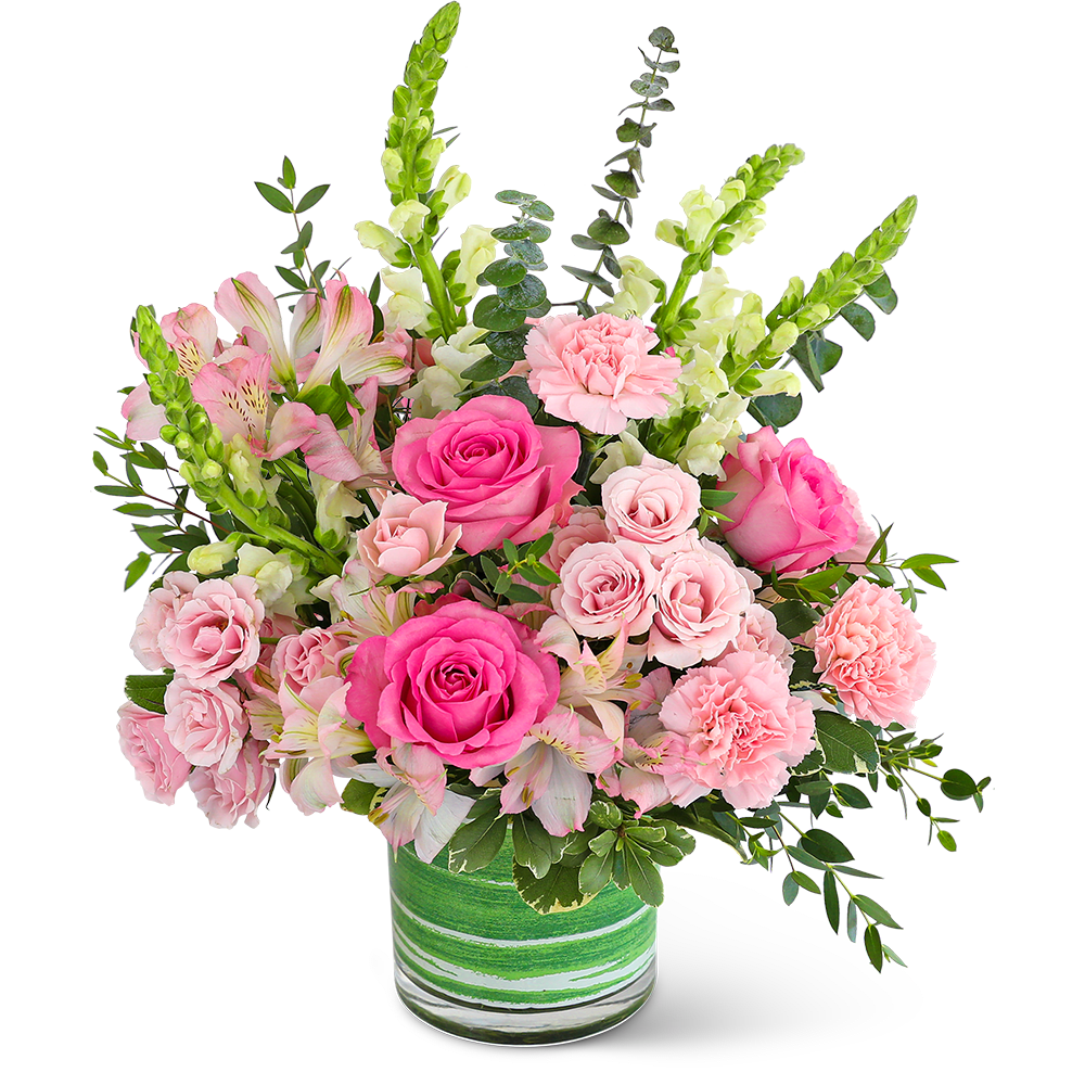 Pink roses and carnations in a green striped vase