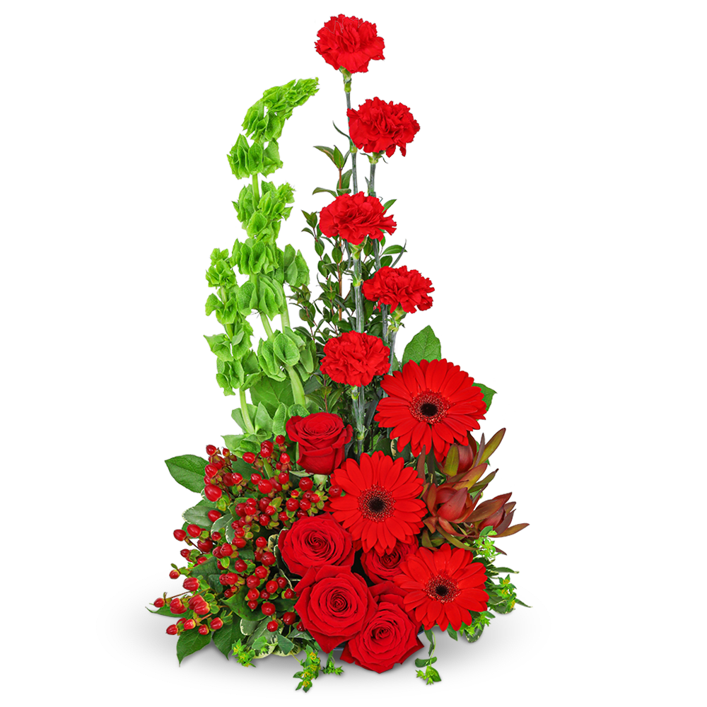 Red roses, carnations, and gerbera daisies in a tall arrangement