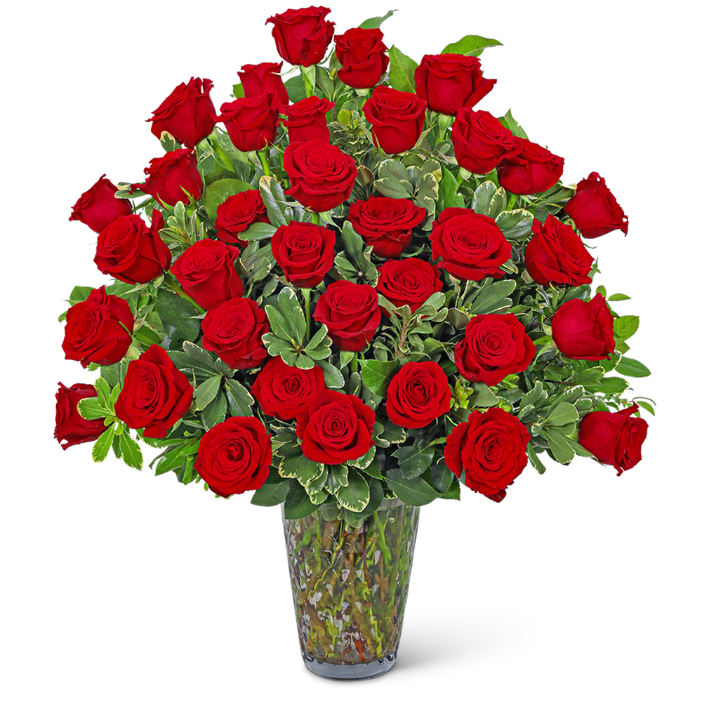 Bouquet of red roses in a clear glass vase