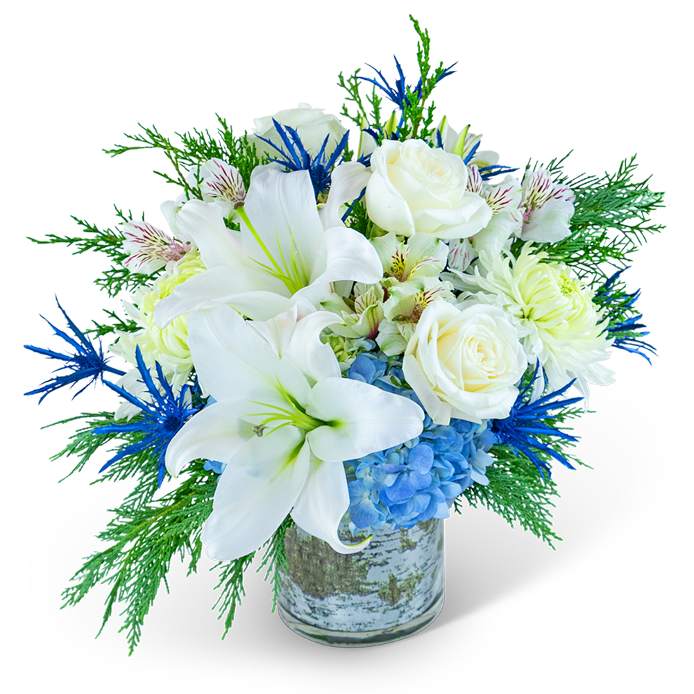 White lilies and roses in a birch-pattern vase with blue accents