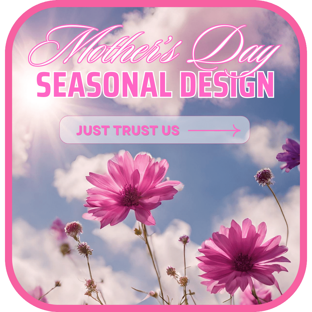 Pink flowers against a cloudy blue sky with Mother's Day text