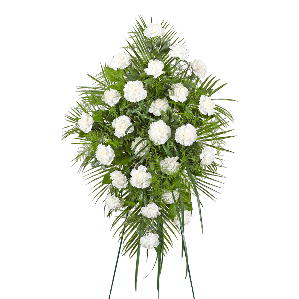 Standing spray of white carnations with green foliage