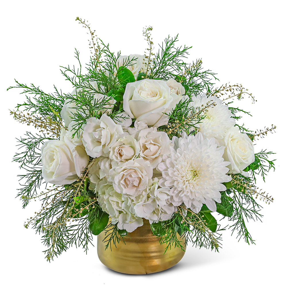 Gilded Winter - Gilded Winter is a beautiful floral design featuring a stunning combination of White Roses, Hydrangea, Cremons, and gold-accented foliage elegantly displayed in a shimmering gold cylinder vase. This opulent arrangement brings a touch of sophistication and glamour to any winter celebration or makes a memorable and elegant gift for the holiday season.
