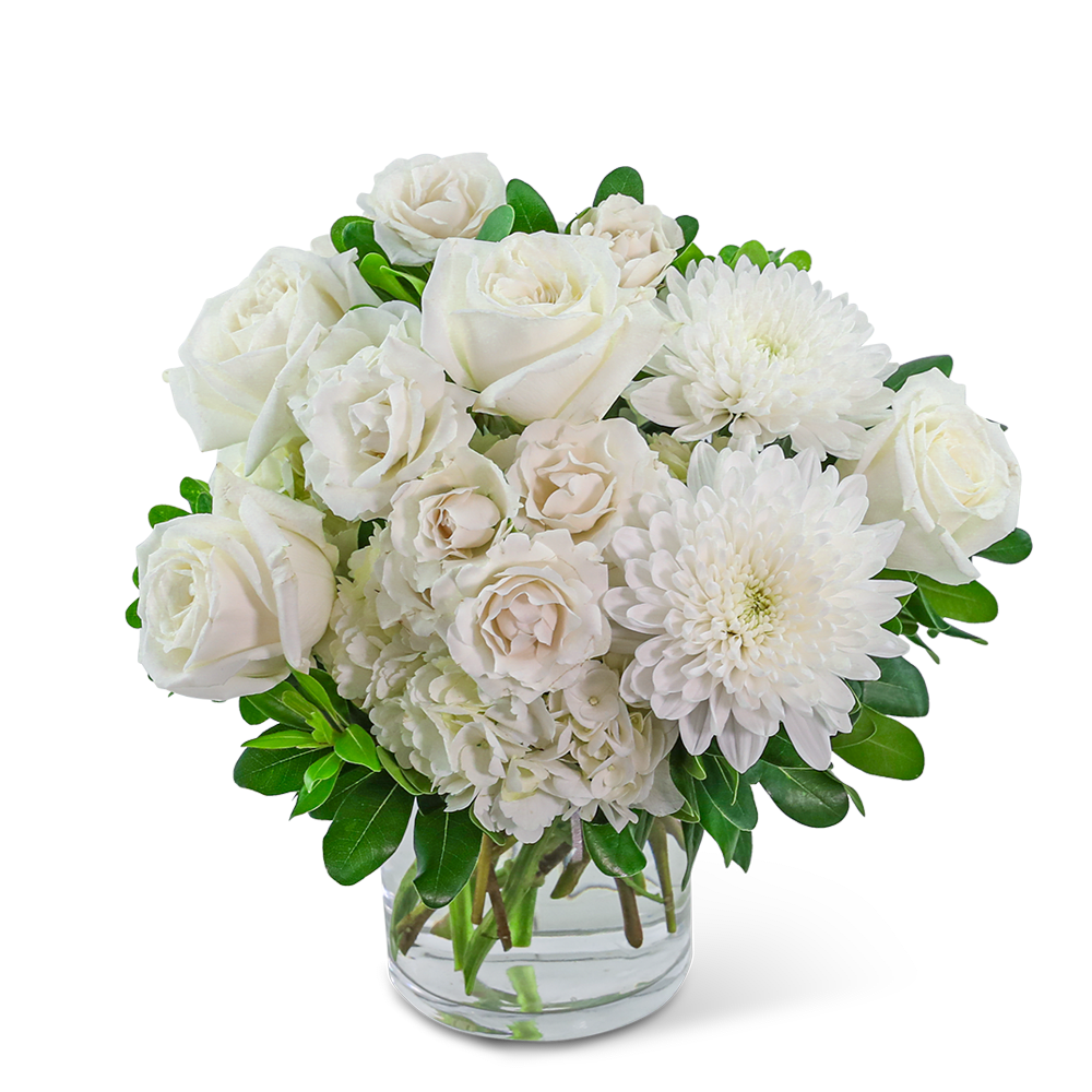White roses and chrysanthemums arranged in a clear glass vase