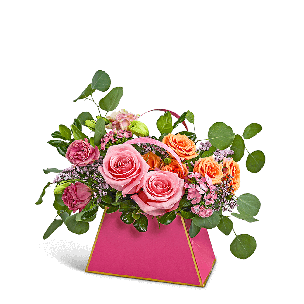 Pink and orange rose bouquet in a bright pink box