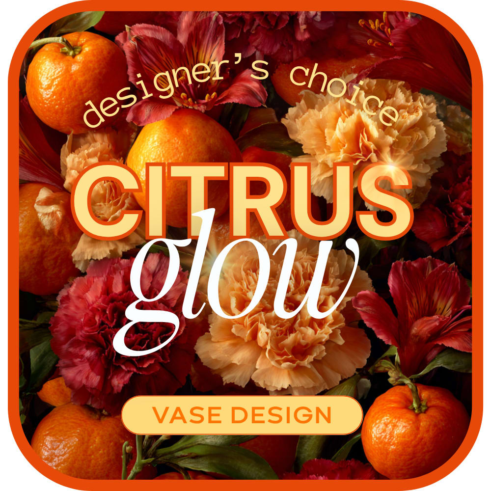 Citrus-themed vase design with oranges and red-orange flowers