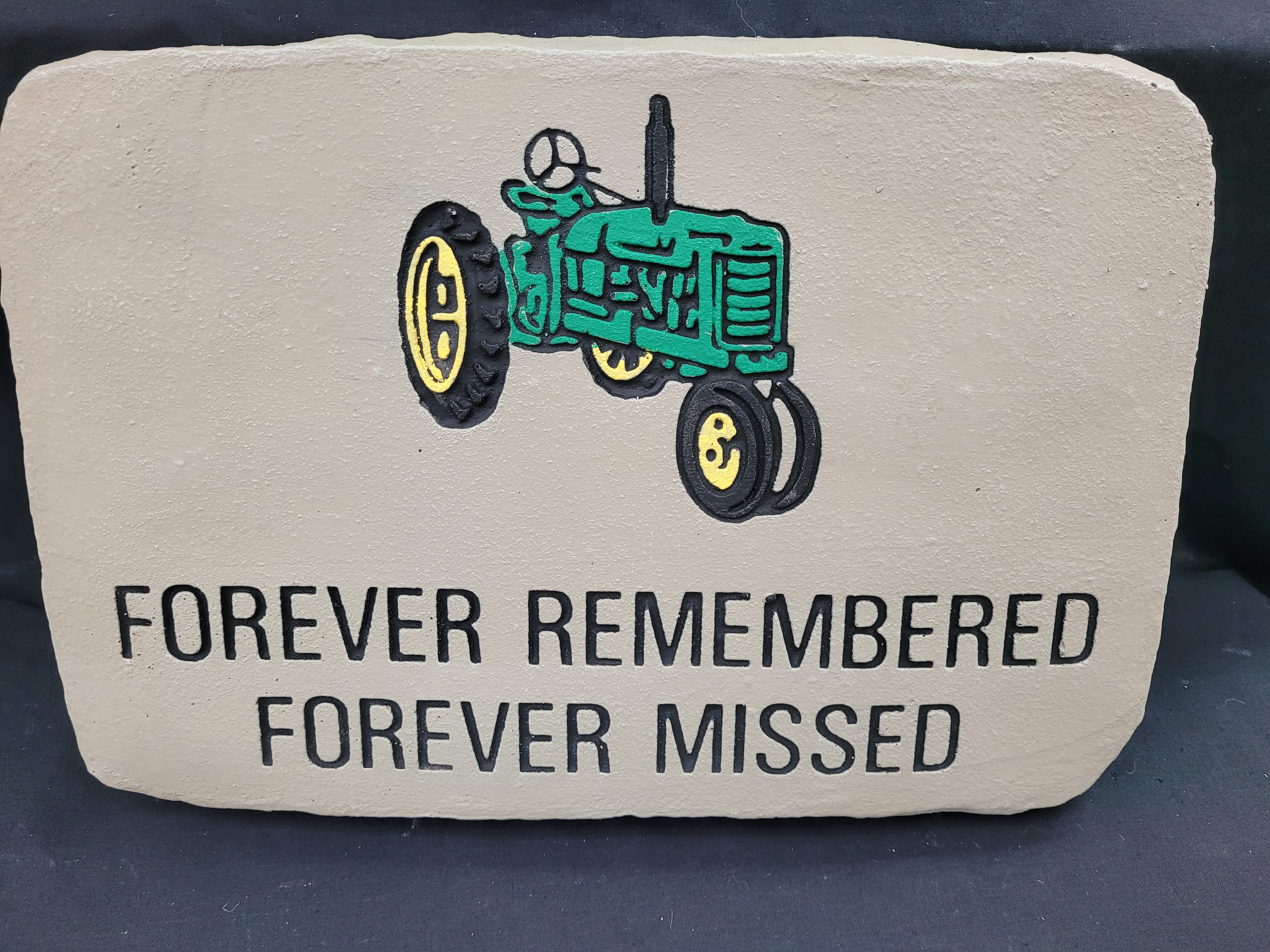 "Forever Remembered" Green Tractor Concrete Stone with Easel - 14"x10" concrete stone with green tractor design