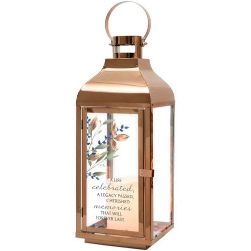Copper lantern with a memorial quote and floral print insert