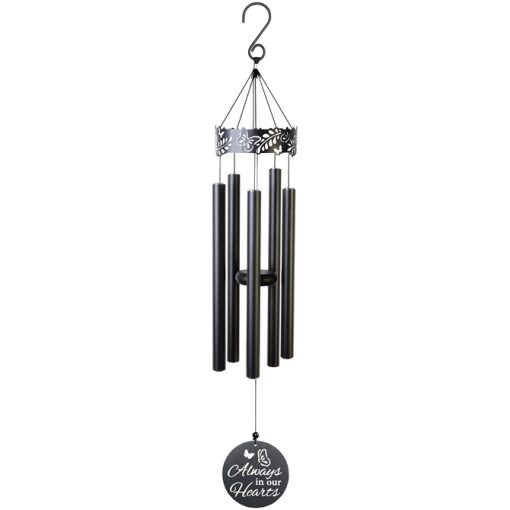 "In Our Hearts" 34" Laser Cut Chime - Our laser cut chimes consist of 5 center-pinned tubes that emit sweet and gentle tones. These chimes feature all aluminum construction with powder coat and an adjustable striker. 7/8" Diameter Tubes  L: 34" W: 5"