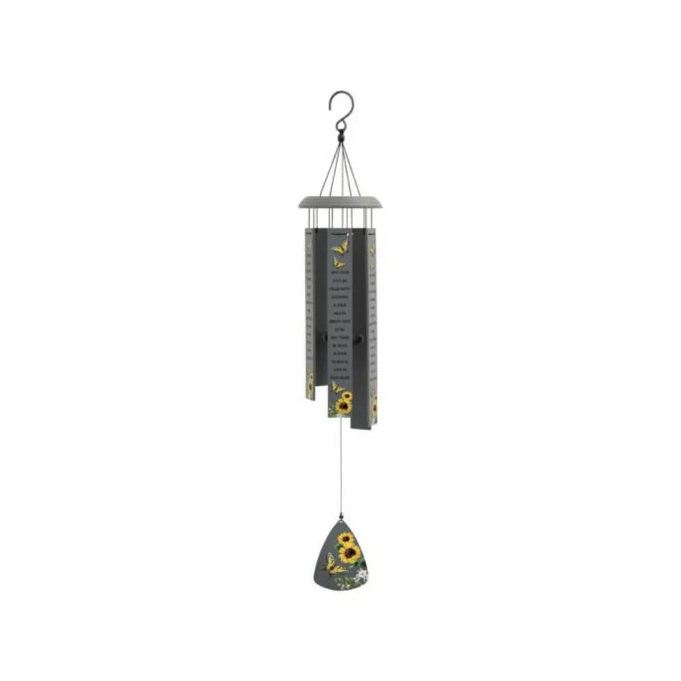 "Sunshine" 32'' Harmony Bar Wind Chime - Our 32" Harmony Bar chimes are made of aluminum with an industrial cord and an adjustable striker and UV Printed phrases on each bar.  Phrase Reads: "May your days be filled with sunshine &amp; your nights bright with stars. May there be peace in your world and love in your heart."  L: 32" W: 1.50" DIA: 5 3/8"  