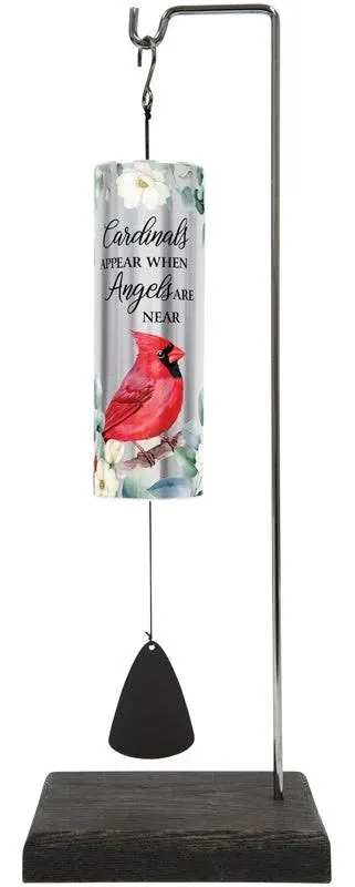Cardinal Sonnet Chime with Stand - 12 1/2" Mini Cylinder Sonnets in a gift box offer the perfect tabletop memorial keepsake. Stand measures 15" L x 5 1/8" W x 4" D Commemorating phrase: "Cardinals appear when angels are near" L: 12.5" DIA: 2"