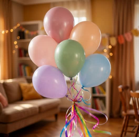 Cluster of pastel balloons with curling ribbons in a living room