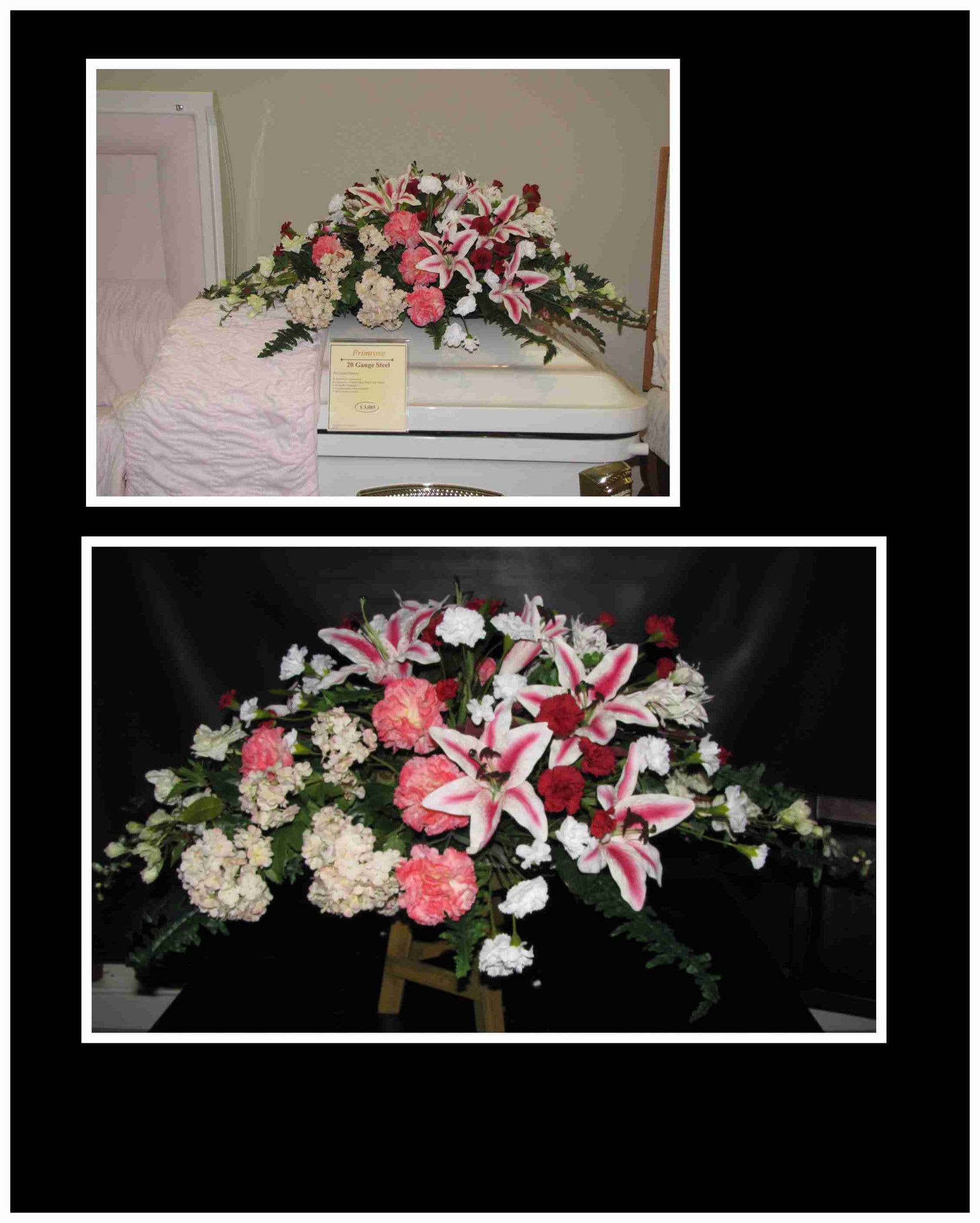 Large casket spray with pink lilies, carnations, and white flowers
