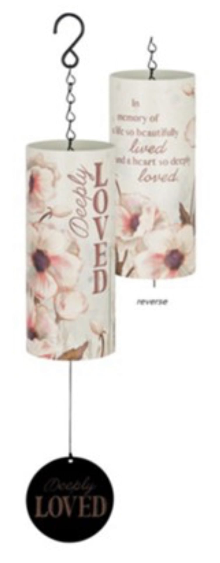 Two hanging memorial wind chimes with floral prints and "Loved" text