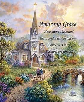 Painting of a church with the words Amazing Grace over a garden scene