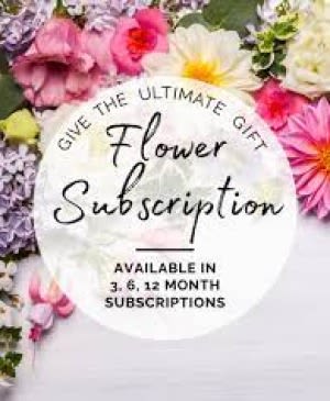 Flower subscription sign surrounded by colorful blooms