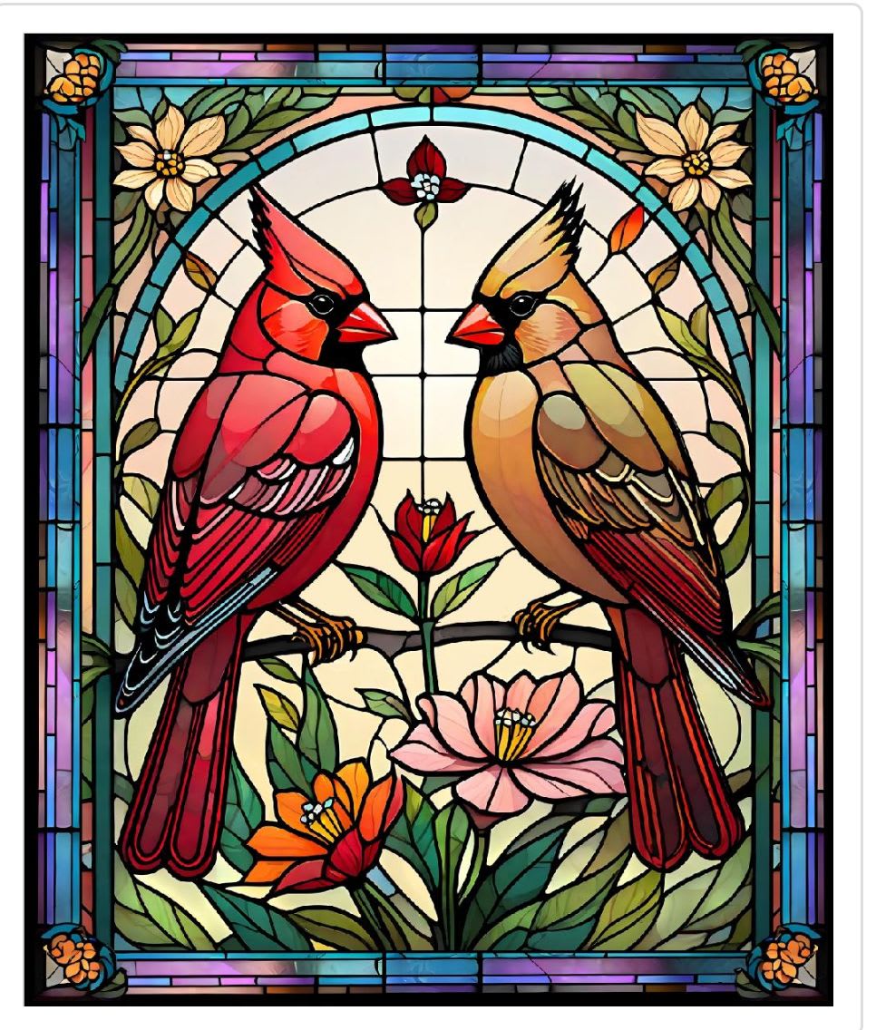 Stained glass panel with two cardinals and flowers