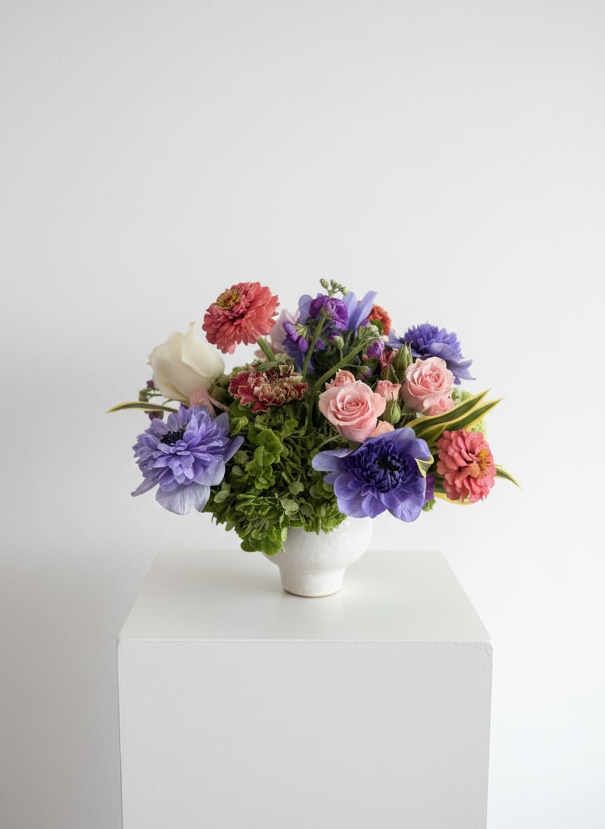 Mixed bouquet of pink, purple, and white flowers in a white vase