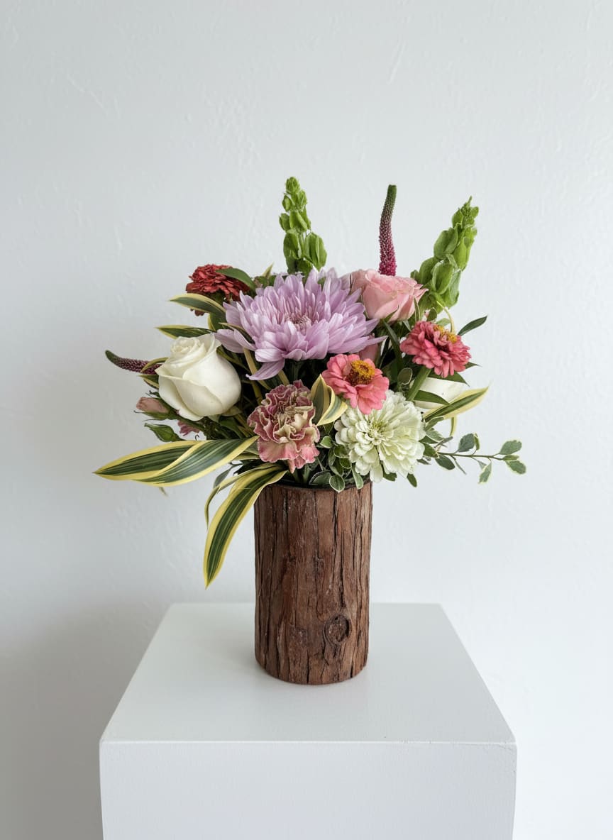 Mixed bouquet in a rustic wooden vase with pink, white, and lavender flowers