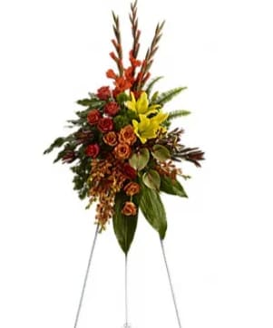 Tropical Tribute Spray - Tropical highlights balance with lush earth tones to offer hope and encourage reflection - a vivid spray that expresses deep and generous tribute.