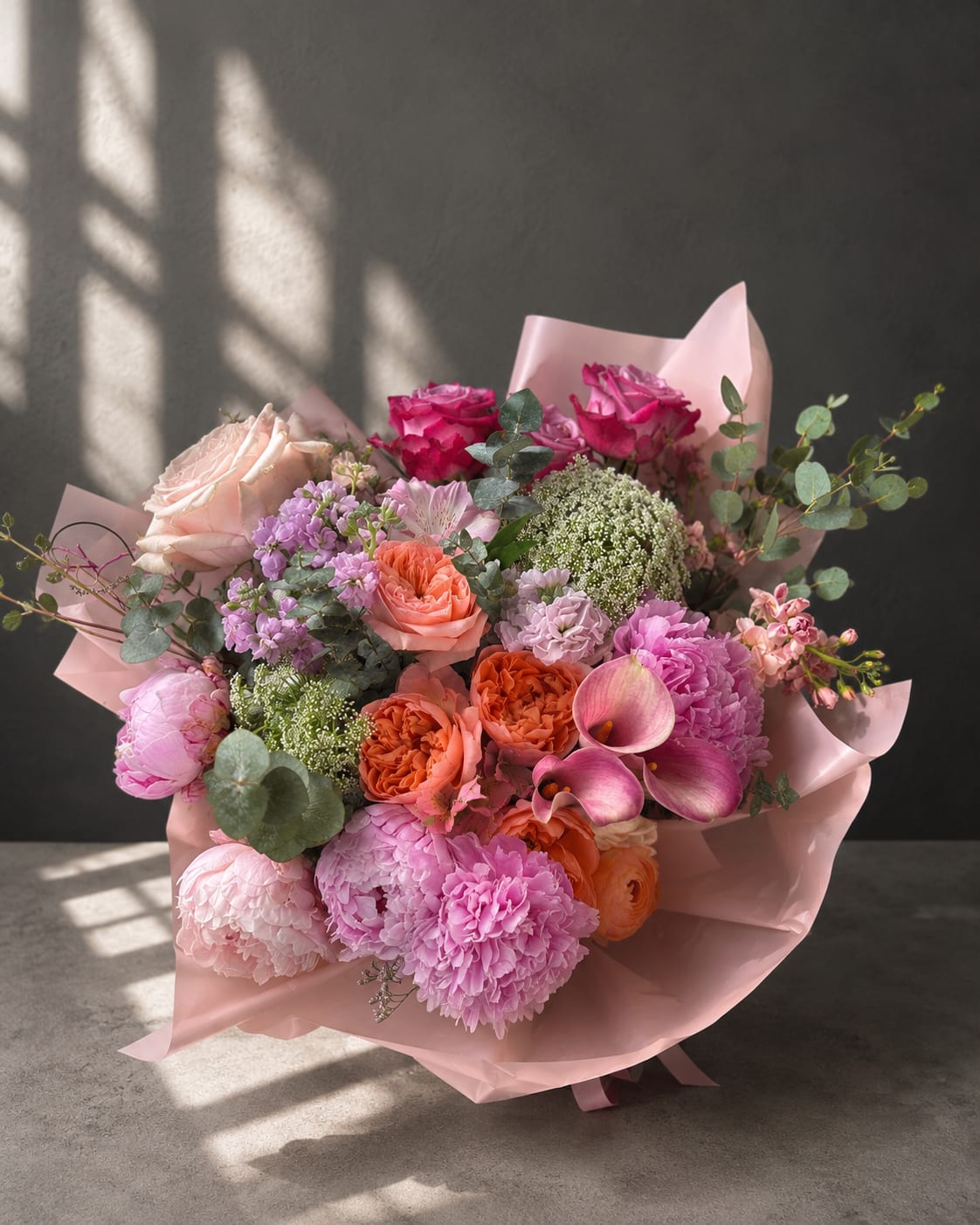 Endorphin - Some flowers simply make you smile. Endorphin is one of them.  Inspired by the body’s natural “feel-good” chemistry, this luxurious hand-tied bouquet is filled with lush peonies, fragrant garden roses, delicate calla lilies, and carefully selected seasonal flowers. Soft blush, coral, lavender, and vibrant pink tones blend together to create a composition that feels joyful, comforting, and effortlessly elegant.  Designed in a loose, modern garden style, every stem is thoughtfully placed to create natural movement and texture. Whether you’re celebrating a birthday, sending love, saying thank you, or simply brightening someone’s day, Endorphin delivers a moment of genuine happiness.  Because every bouquet is handcrafted using the freshest flowers available, slight variations may occur, making each arrangement beautifully unique.  Perfect for:  * Birthdays * Anniversaries * Congratulations * Thank You * Get Well * Just Because