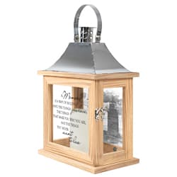 "A Memory" Memorial Lantern - Our Memorial Lanterns are made from quality composite wood and a stainless steel copper finish top. They feature a built-in automatic timer which runs for 6 hours on and 18 hours off DO NOT use fire burning candles in the lanterns. Suitable for hanging or free-standing use inside or outside. Recommended as an accent in floral arrangements for many occasions! Meant for indoor use. Display nicely with our universal display item # 60746.  E: 8.625" H: 12.5" D: 5.125"