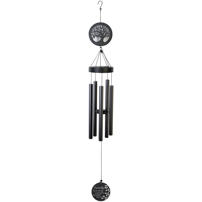 "Family" 45" Solar Chime - Our laser cut chimes consist of 5 center-pinned tubes that emit sweet and gentle tones. These chimes feature all aluminum construction with powder coat, an adjustable striker and an LED solar light that will remain on for 8 hours with a full daytime charge. L: 45" W: 5.25"