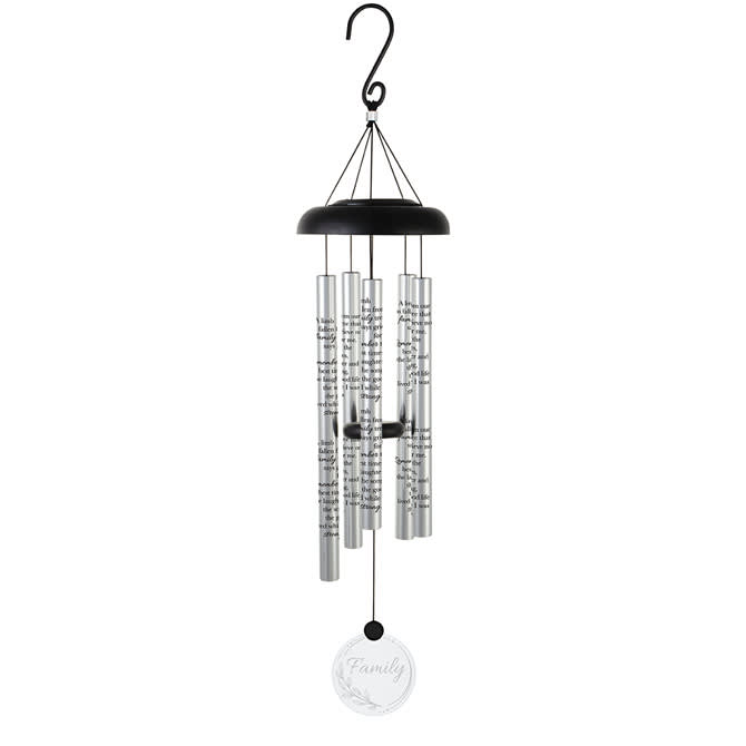 Family  30" Solar Sonnet Chime - Solar Sonnets have 5 heavy walled, center pinned tubes that emit deep tones. Aluminum construction, durable anodized finish, and industrial cord. A solar panel rests inside the canopy so white LED lights shine brightly around the tubes at night and the clear acrylic sail lights up also. On/Off switch on top of the canopy.  Chime Tubes Read "A limb has fallen from our family tree that says grieve not for me. remember the best times, the laughter and the song, the good life I lived while I was strong."  L: 30" W: 6.5"