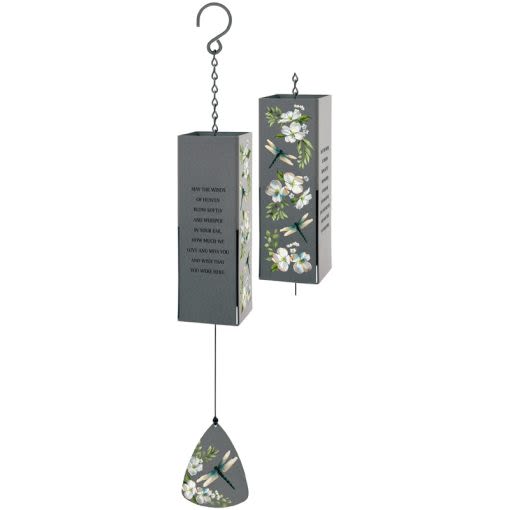 'WINDS OF HEAVEN' BELL CHIME (1 AVAILABLE) - A flat, rectangle shaped chime decorated with white flowers and dragonflies. Contains text