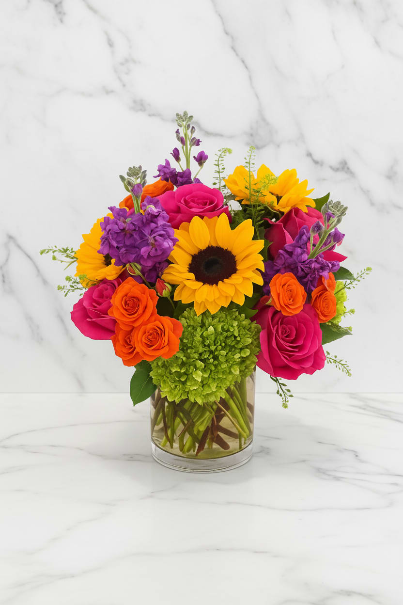 Bright mixed bouquet with roses, sunflowers, and purple blooms in a glass vase