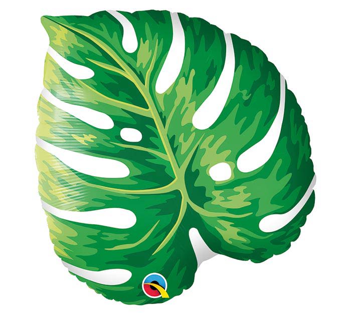 Green tropical leaf-shaped foil balloon with white cutout details