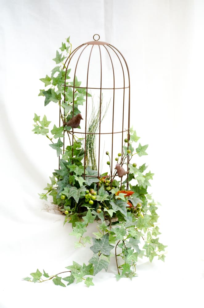 Ivy draped over a tall wire birdcage with small bird accents