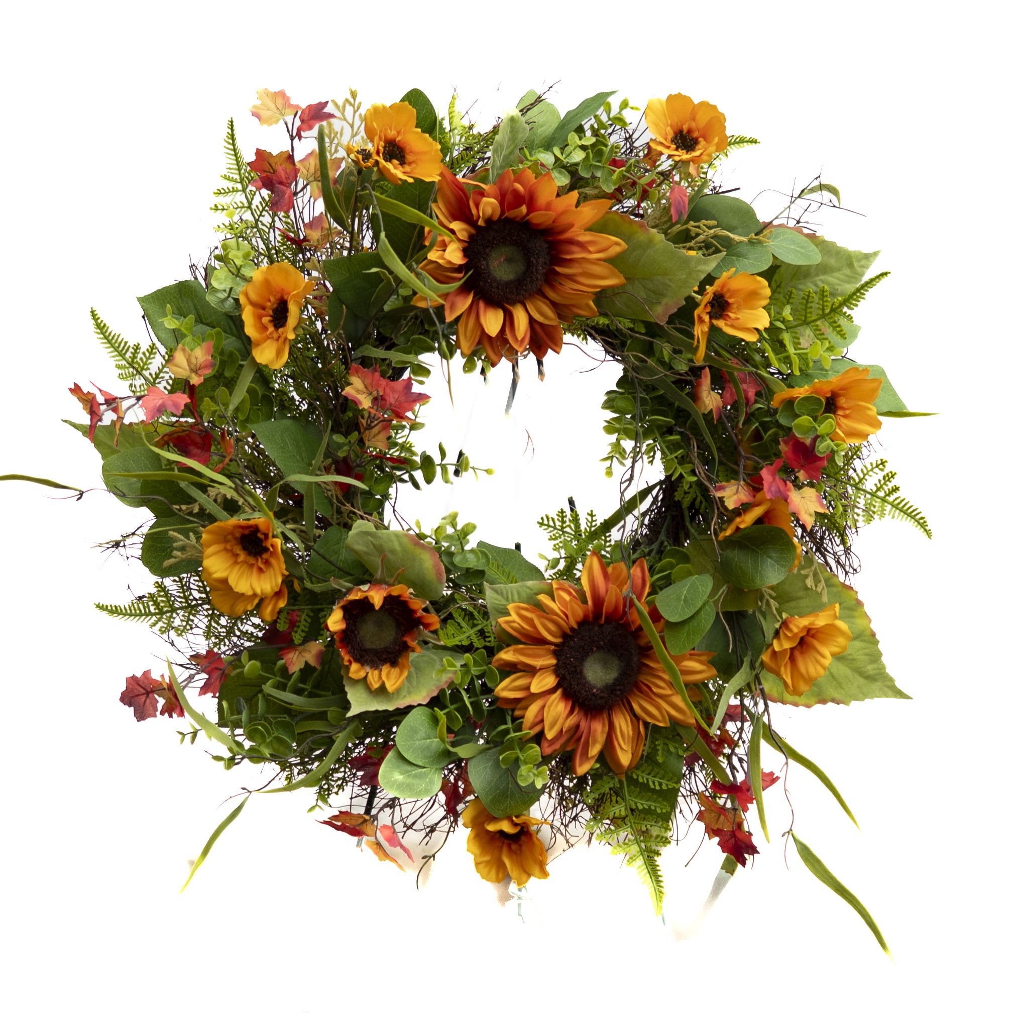 Autumn wreath with orange flowers and mixed greenery