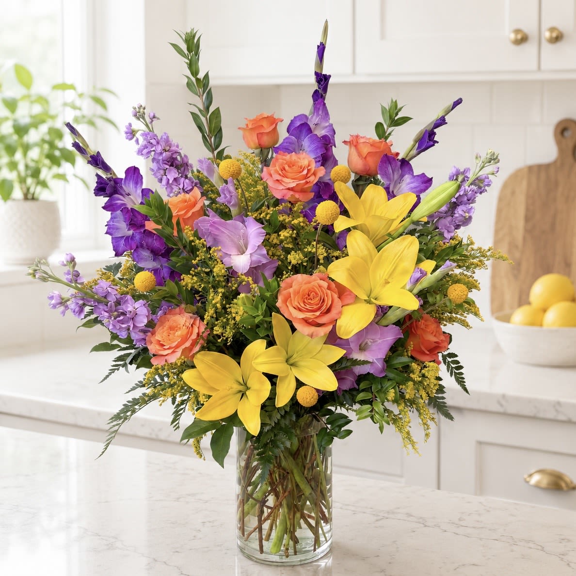 Colorful Oasis - Bright yellow lilies and bold purple blooms create an immediate burst of cheer in this flower arrangement-perfect as a birthday bouquet or an everyday gift. The lively garden-style silhouette with tall vibrant stems make this arrangement feel exuberant and welcoming, an easy way to let the person you're thinking of know you want them to smile today.  Choose this for birthdays, congratulations, or to lift someone's spirits-the kind of bouquet that makes the recipient feel genuinely celebrated. Vase included; trim stems and change the water every 2-3 days to keep blooms looking fresh longer.