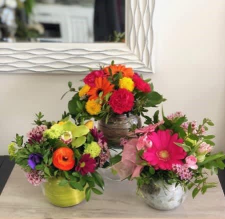 Three small mixed flower arrangements with bright pink, orange, and yellow blooms in round containers.