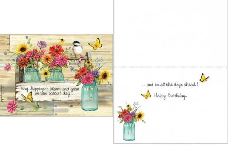 Birthday card with colorful flowers in blue jars and butterflies