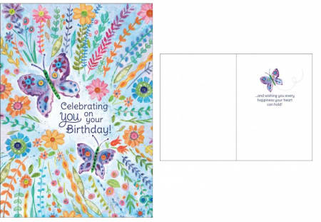 Birthday card with colorful flowers and butterflies