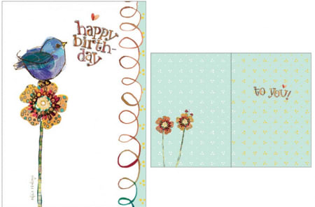 Birthday card with a blue bird perched on a flower and a matching gift card