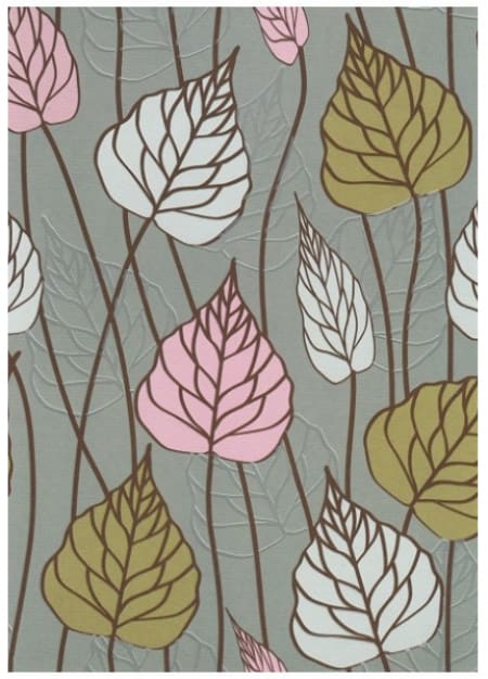 Patterned fabric with pastel leaf shapes on a gray background