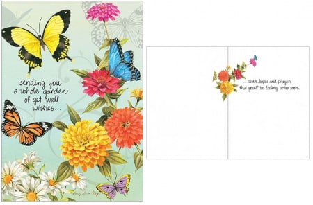 Butterfly-themed get well greeting card with colorful flowers