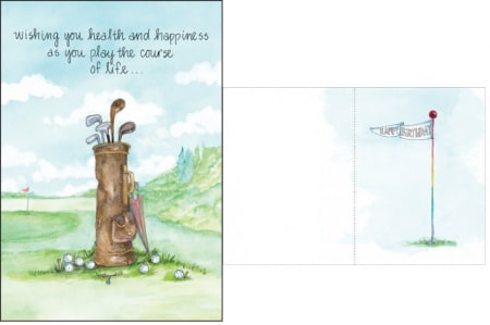 Golf-themed greeting card with clubs and a flag on a pastel course scene