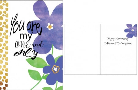 Anniversary greeting card with purple flower illustrations and You are my one and only text