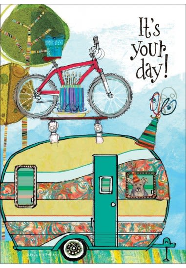 Illustrated birthday card with a bicycle on a camper and the text "It's your day!"